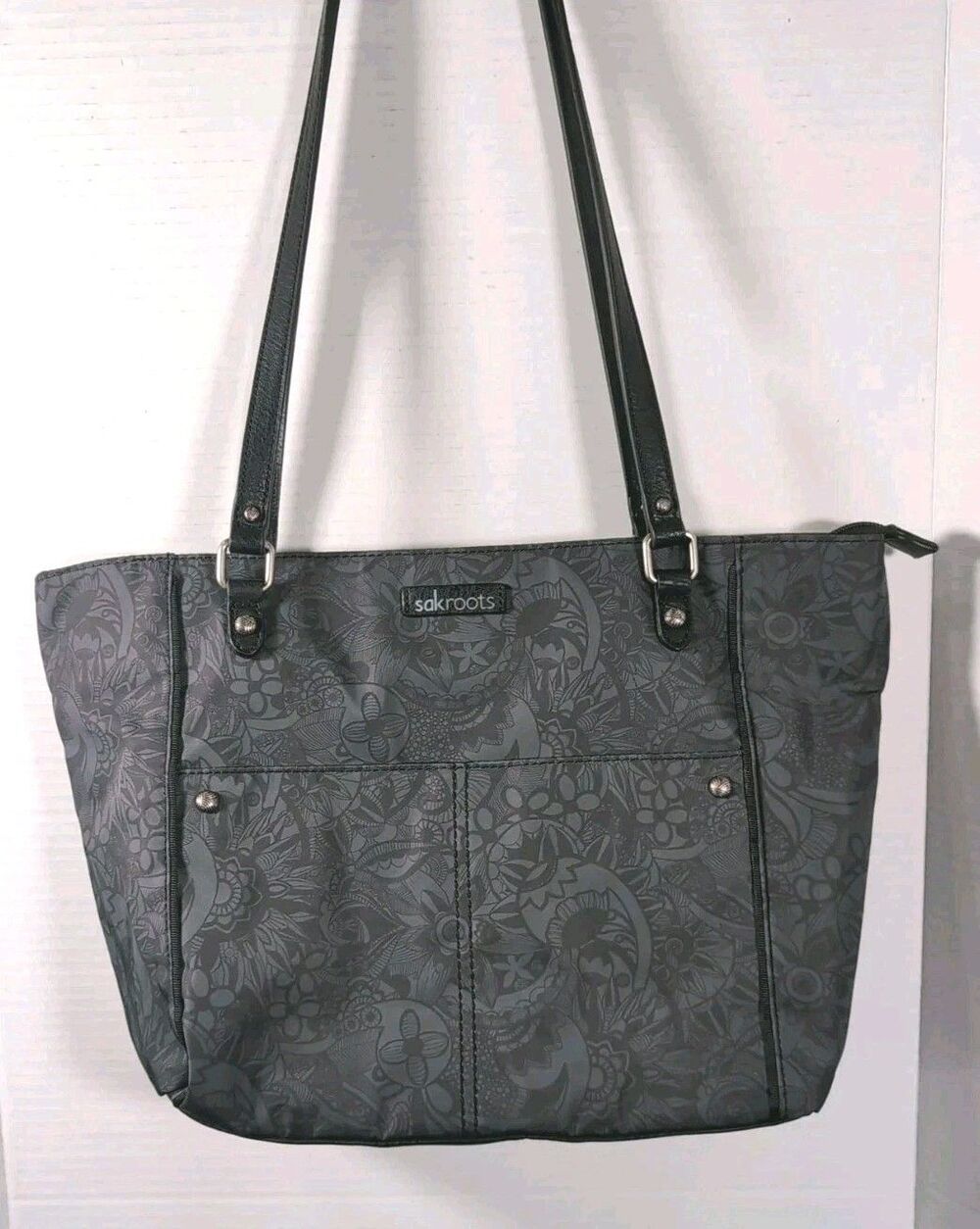 SAKROOTS  BLUE-GRAY Floral TOTE/PURSE Zip Top Outer Pockets Double Handles EUC